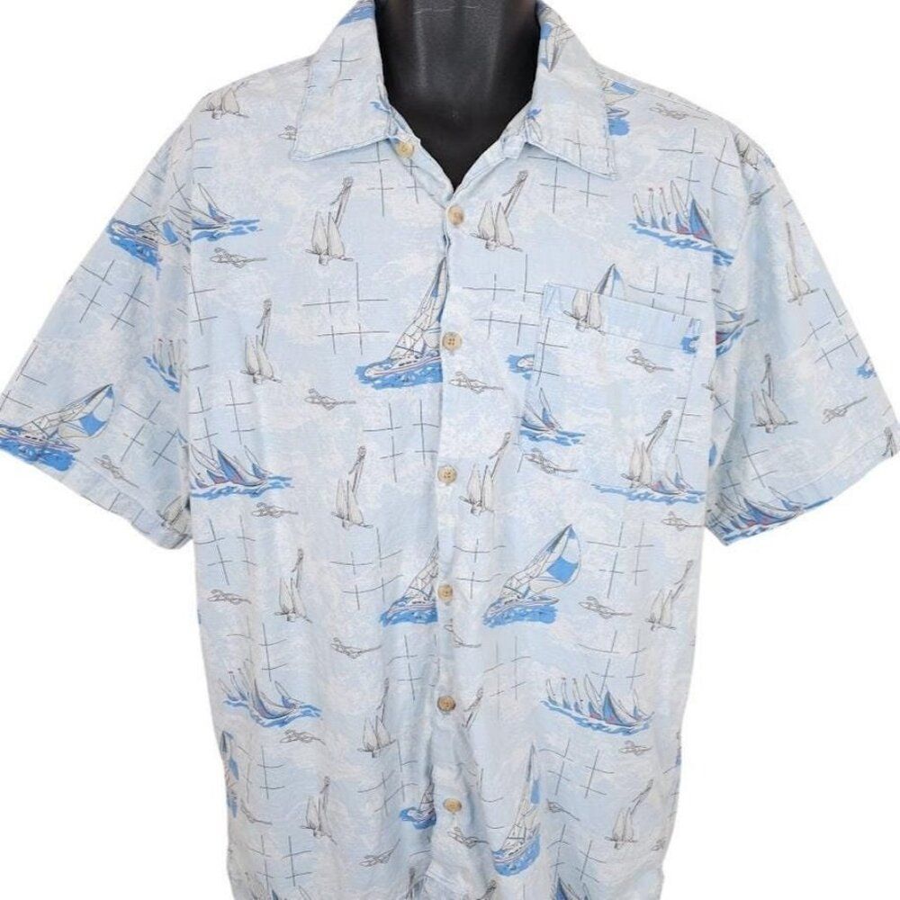 Vintage Sailing Camp Shirt Mens Size Large Blue All Over Print Route 66 Yacht